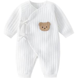 Newborn Baby Cotton Onesie, Cute Bear Patched Casual Long Sleeve Bodysuit, Toddler & Infant Boy's Girl's Comfortable Clothing (0-1 Months, White)