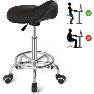 YEEZEE Saddle Stool Ergonomic- Comfortable Rolling Saddle Stool with Wide Thick Saddle Seat Padding, Swivel Adjustable Saddle Chair with Wheels and Ring Pedal for Medical Massage Salon (Dark Black), 15" x 16" x 21"
