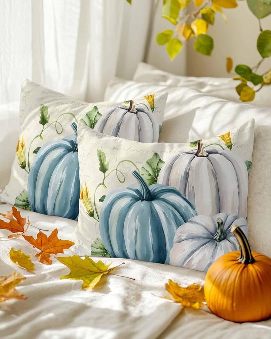 Farm Pumpkin Throw Pillow Covers 12x20 Set of 2,Fall Thanksgiving Decorative Pillow Covers,Green Leaf Flower Cushion Case for Sofa Couch Patio Garden Bedroom