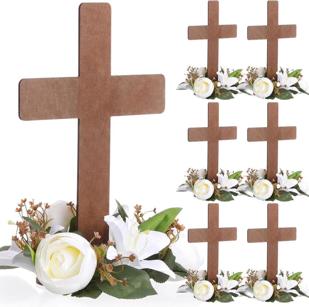 6 Sets Baptism Centerpieces Table Decorations First Communion Wooden Cross Ornament Set with Lily Candle Ring Wreath Purple Ribbon with Stands for Baptism Baby Shower Wedding (Dark Brown)