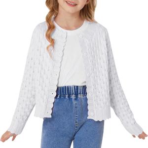 GRACE KARIN Girls Cropped Cardigan Sweaters Long Sleeve Cable Knit Button Front Sweater 5-12Y (10-12 Years, White)