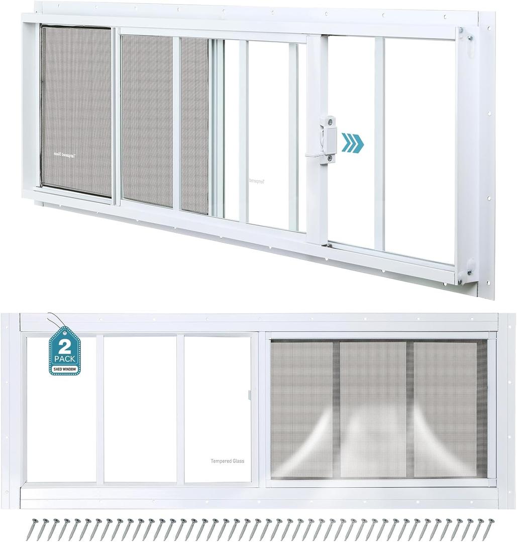Melkus Shed Windows 10"x18"2 Pack, Upgraded Sliding Transom Window with Tempered Glass and Screen for Shed, Chicken Coop, Barn, Greenhouse, Garage, Playhouse, Storage Room, White, 10"x18"/2pcs