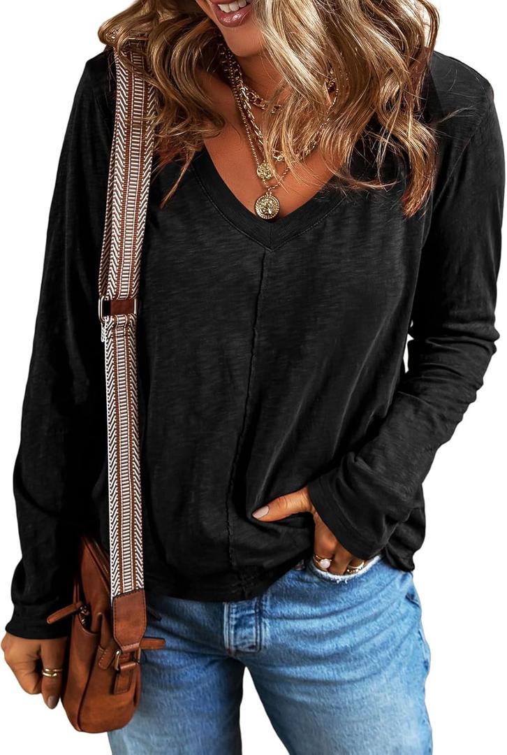 EVALESS Womens Tops Fashion V Neck Long Sleeve Shirts Casual Fall Outfits Basic T Shirts Blouses Top Women's Clothing (01 Black, Small)