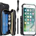 MONASAY Zipper Wallet Case Fit for iPhone SE 2022/2020/8/7, [Glass Screen Protector ][RFID Blocking] Flip Leather Handbag Phone Cover with Card Holder & Crossbody Lanyard Strap, Black