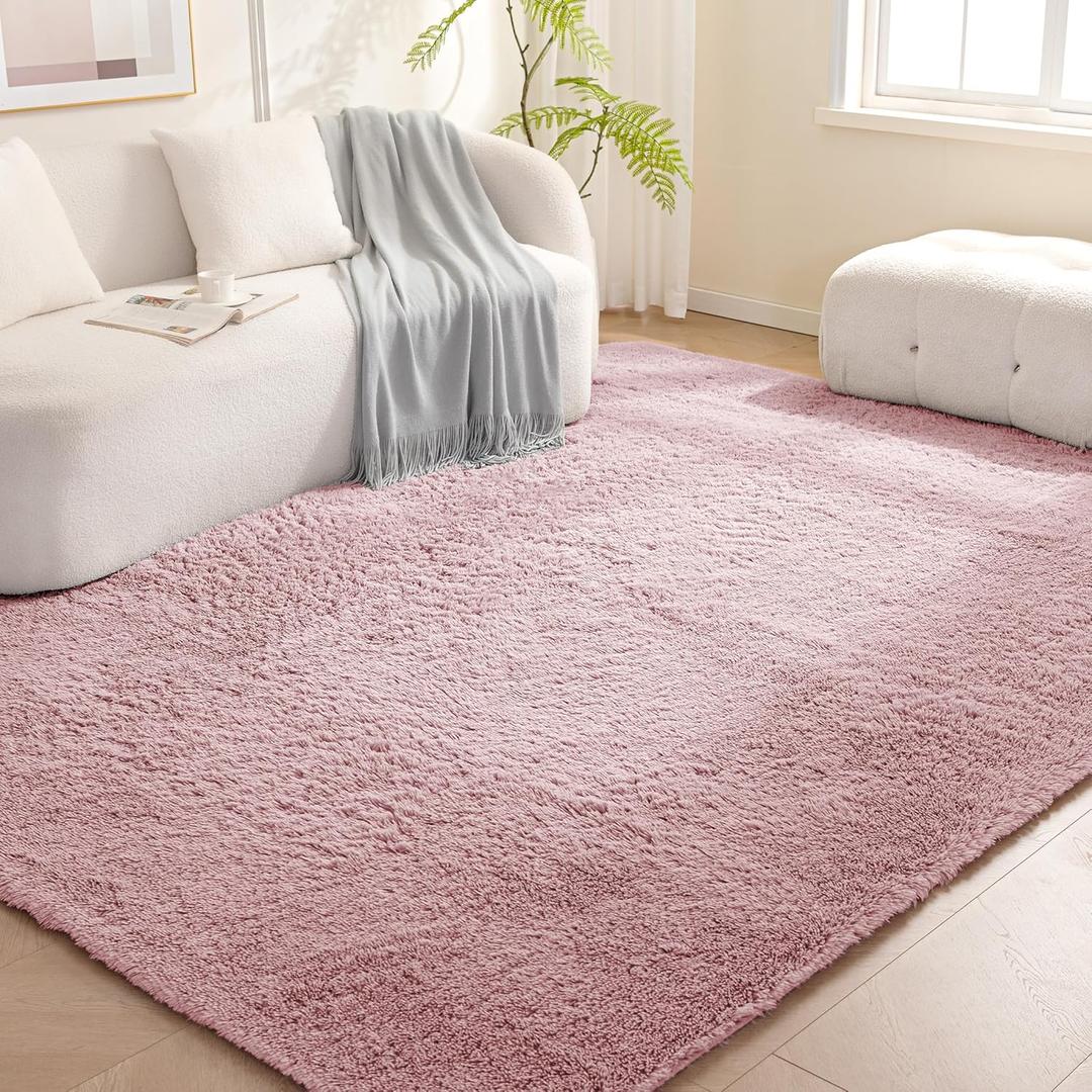Amazon Basics Fluffy Washable Area Rug, Shaggy Carpet for Living Room, Bedroom, 5' W 7' L, Pink
