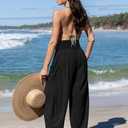 TARSE Womens Linen Wide Leg Pants Casual Loose Elastic Waist Beach Travel Vacation Palazzo Harem Pants with Pockets (Black, M)