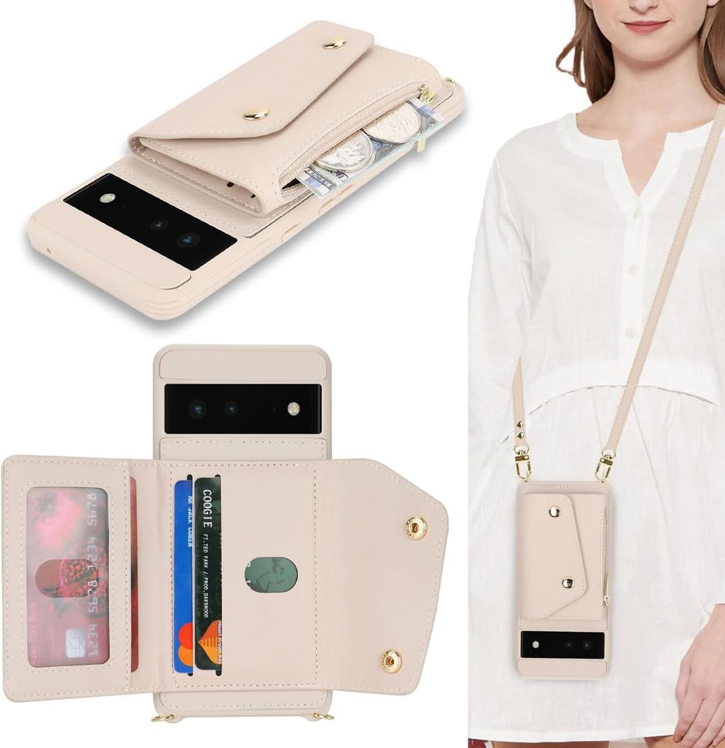 for Google Pixel 6 Case with Card Holder and Strap - Zipper Pocket,Crossbody Lanyard Strap,Credit Card Holder,Cute Phone Wallet Case for Women(Beige)