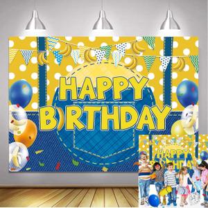 Yellow Cartoon Theme Happy Birthday Backdrop Cowboy Banana Balloon Photo Background for Boys Girls Birthday Party Cake Table Banner (5x3 FT) (59 x 35.4 inch)