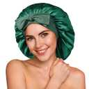 YFONG 100% 22 Momme Mulberry Silk Bonnet for Sleeping Women, Larger Double Layer Silk Hair Wrap for Curly Short Long Hair, Non-Slip Sleep Shower Cap Turban with Elastic Tie Band, Deep Green