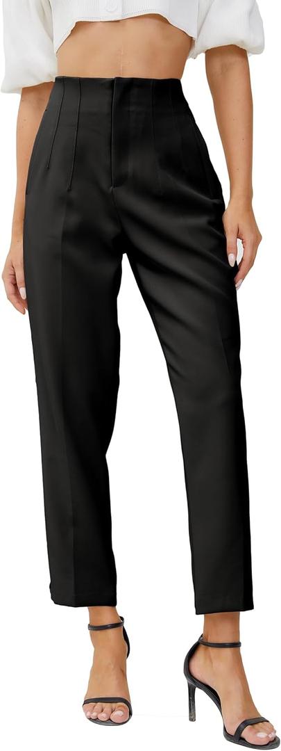 Women's High Waisted Business Trousers Straight Leg Pleated Office Slacks Pants (Medium, Black)