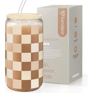 SANDJEST Checkerboard Glass Can, Beige Checker Cup with Lid & Straw, Iced Coffee Aesthetic Cups, Gift for Christmas Birthday Mother Day, Gifts for Women, 16oz
