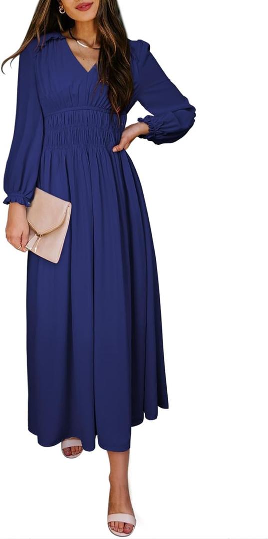 BLENCOT Womens Casual Long Sleeve Tiered V Neck Dress Pleat Ruched Ruffled Dress Solid Color Flowy Swing Midi Long Dresses (Small, Sp605 Blue)