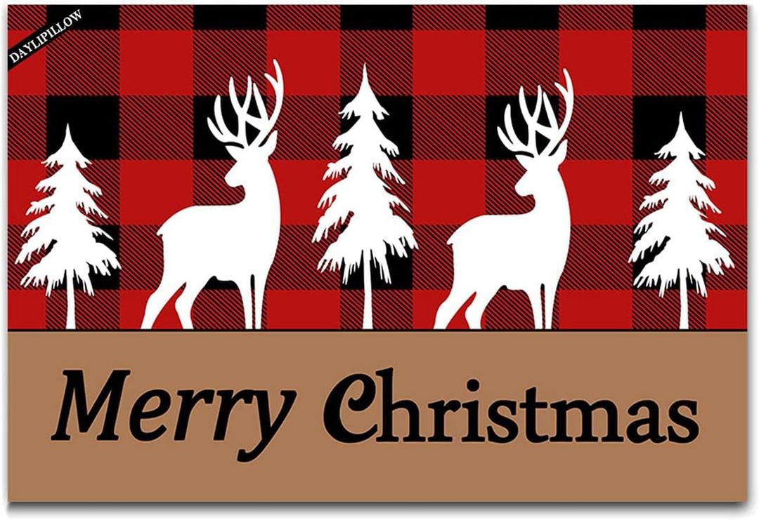 Classic Retro Christmas Reindeer Doormat - Red Black White Christmas Tree Snowflakes Plaid Buffalo Checkered Plaid Doormats Front Door/Bathroom Entrance Mats 23.6" x 15.7"