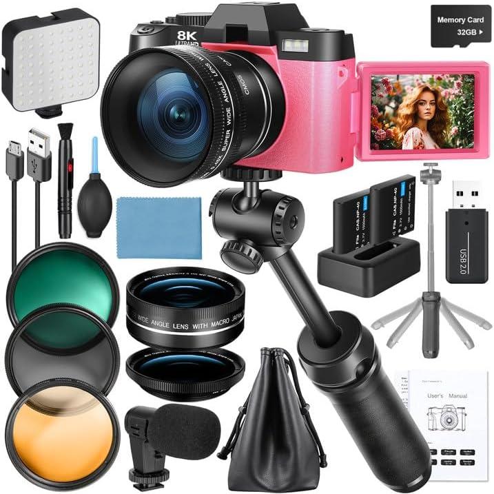 8K Digital Camera for Photography, 64MP WiFi Vlogging Camera Kit with 180° Flip Screen, 16X Zoom, Microphone & Tripod Stand for Beginners, Teens & Content Creators (Pink)