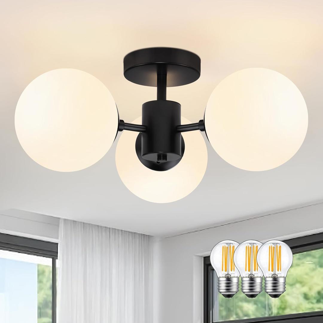 Bagood Mid Century Modern Black Semi Flush Mount Ceiling Lights 3-Light Frosted Globe Glass Black Chandelier Modern Light Fixtures Ceiling Light Fixture for Bedroom Living Room Entryway (Bulb Incl.)