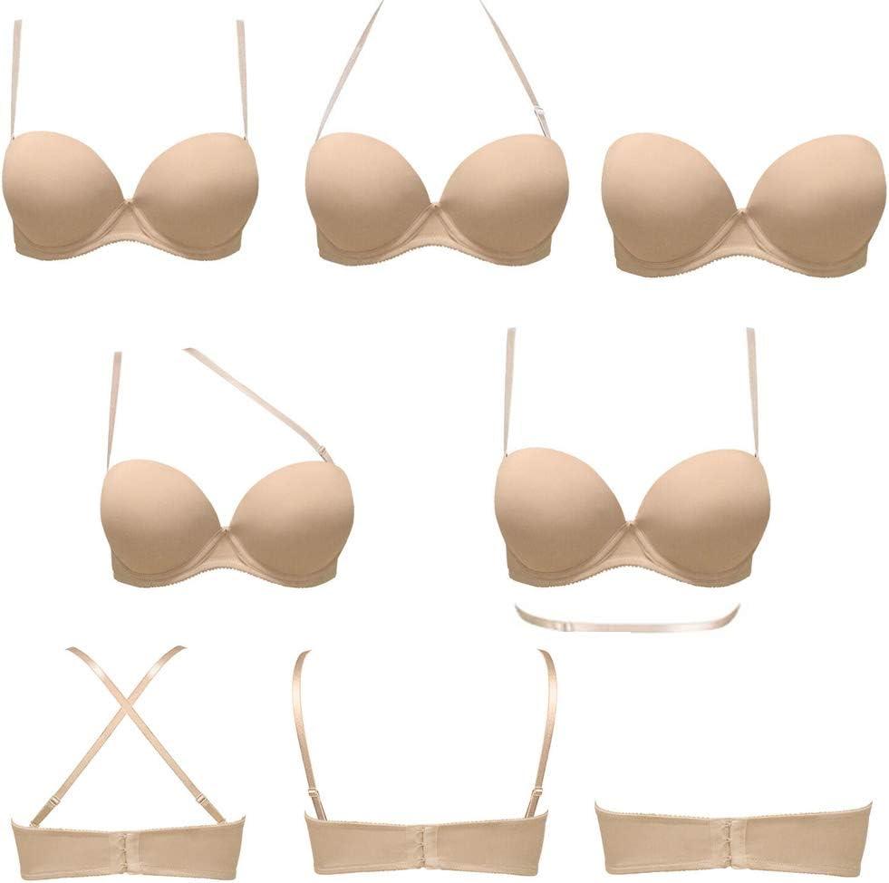 Plusexy Women's Push Up Strapless Bra Thick Padded Underwire Convertible Multiway Bras (34C, Nude)