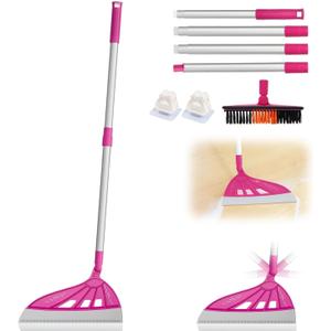 Magic Air Broom with V-Shape Brush, 2 in 1 180 Adjustable Silicone Broom for Floor Cleaning, 60 Long Handle Squeegee Sets to Clean pet Hair, Ketchup, Glass Shards (Pink)