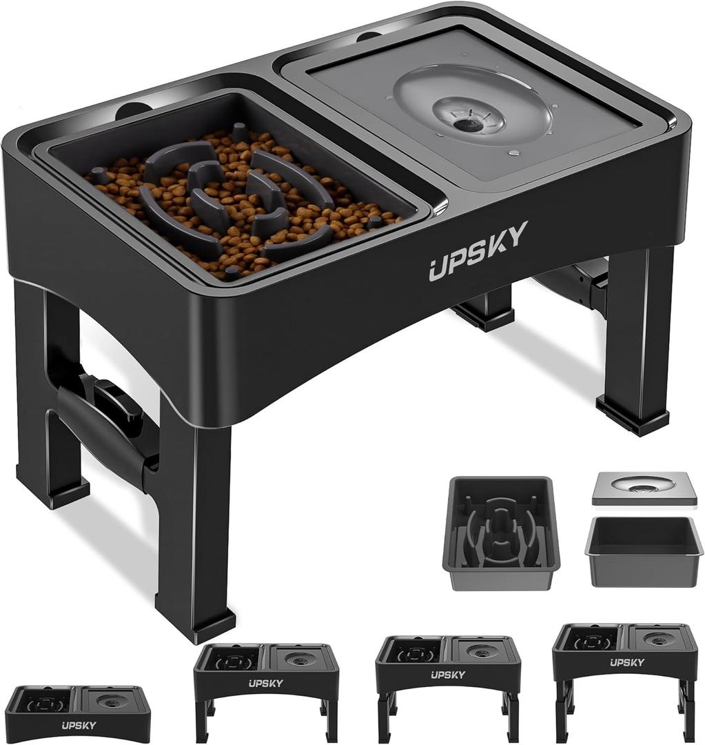 UPSKY 2-in-1 Elevated Bowls Slow Feeder, 4 Height Adjustable Raised Stand No Spill Water Dispenser, Anti-Slip Food and Water Bowl for Small Medium Dogs, Black