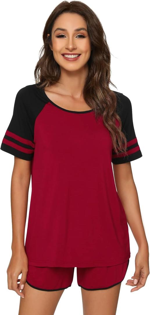 WiWi Pajamas Set for Women Cooling Short Sleeve Sleepwear Soft Knit Shorts Pjs Sets Viscose from Bamboo L