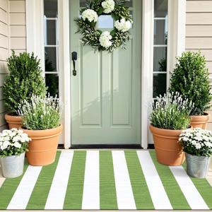 OLANLY Green and White Striped Rug 2' x 4'3" (24" x 51")  Washable Cotton Indoor Outdoor Doormat for Front Door, Entryway, Kitchen, Porch, Patio Decor