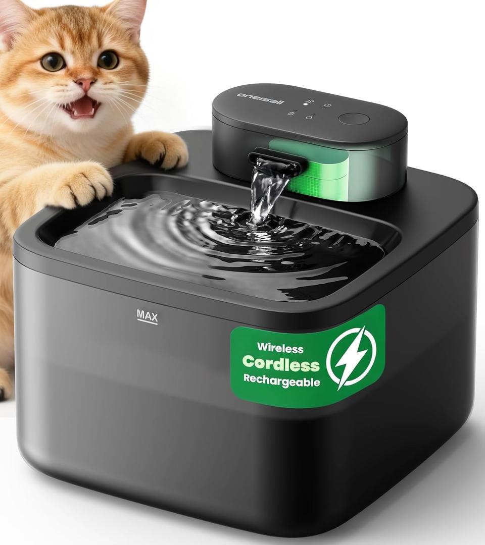 oneisall Wireless Cat Water Fountain: 74oz/2.2L Cordless Pet Water Fountains, 4000mAh Battery Operated Ultra-Quiet Integrated SilentFlow Pump for Cats Indoor, Automatic Cat Water Dispenser, BPA-Free