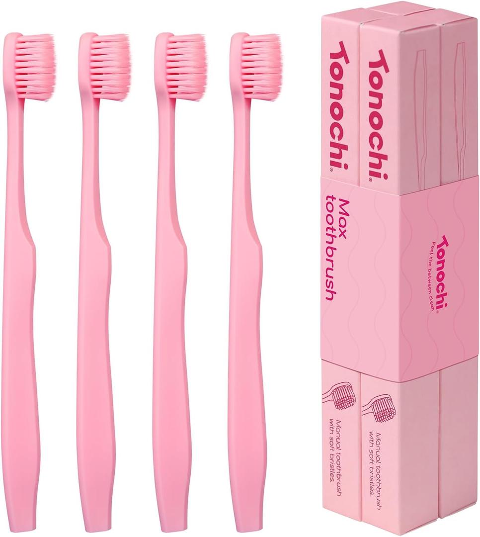 Max Extra-Soft Toothbrush for Adults Sensitive Gums  Gentle Bristles, Wide Angled Head for Back Teeth, Ergonomic Non-Slip Grip, BPA-Free Handle, Individually Wrapped, 4-Pack(Blush Pink)