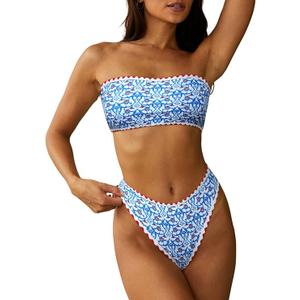 ZAFUL Women Strapless Textured Bandeau Bikini 2 Piece Swimwear Cheeky Solid Lace up Bathing Suits (Small)