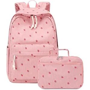 Bluboon Backpack for Girls Kids Preschool Backpack with Lunch Box Kindergarten School Bookbags Set (Corduroy Strawberry Pink)
