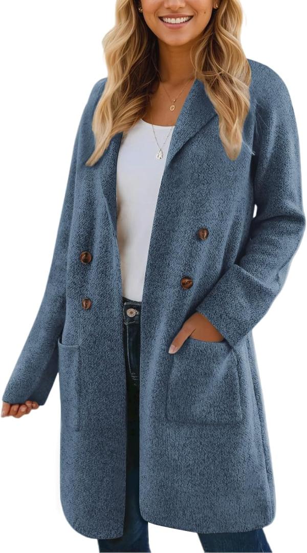 VIMPUNEC Fall Long Cardigan Sweaters for Women Trendy Open Front Coats Knit Winter Jackets Coatigan (X-Large, Haze Blue)