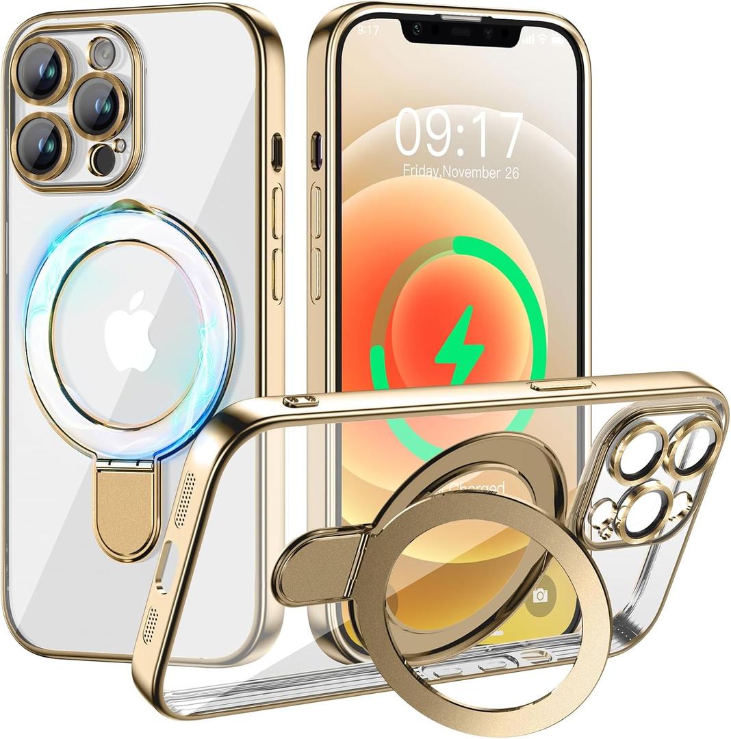Magnetic for iPhone 13 Pro Max Case with Invisible Stand[Compatible with MagSafe][Full Camera Lens Protector][Military Drop Protection] Shockproof Not Yellowing Clear Slim Soft for Women Men