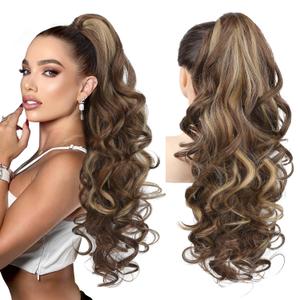 REECHO Ponytail Extension, 24" Claw Clip in Long Curly Wavy Ponytail Hair Extension Jaw Clip on Pony Tails Hairpiece for Women - Chestnut Brown with Golden Highlights