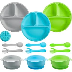 CHENGU 12 Pcs Silicone Bowl with Suction Set for Baby Toddler with Suction Plate, Spoon and Fork, Divided Design Baby Feeding Utensils Weaning Kit, Dishwasher and Microwave Safe (Bright Colors)
