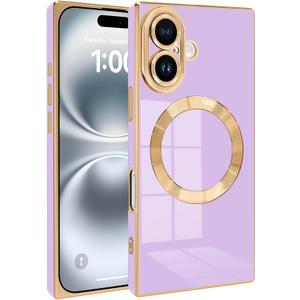 Magnetic for iPhone 16 Case Compatible with Magsafe, Scartchproof Plated Soft TPU with Full-Covered Lens Support Magnetic Wireless Charging Phone Case for iPhone 16 Purple