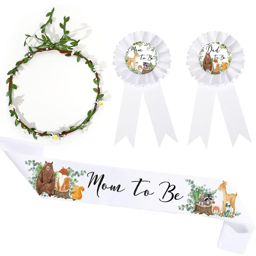 Xinnun 4 Pieces Mom to Be Sash Baby Shower Decoration Woodland Animal Themed Sash for Mommy and Dad Corsage Pin with Sage Green Leaf Flowers Crown for Baby Shower Party Favors Gender Reveal (White)