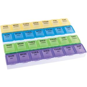 EZY DOSE Weekly (7-Day) Daily Medtime Pill Case, Medicine Planner, Vitamin Organizer, Supplement and Fish Oil Container, Large Compartments with Rounded Base, 4 Times a Day, Colored Lids, BPA Free