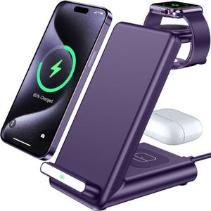Wireless Charging Station,3 in 1 Charging Stand Made for Apple Watch Ultra 10 9 8 7 6 SE 5 4 3,Fast Wireless Charger Made for iPhone 16/15/14/13/12/11/X,for AirPods Pro(with Adapter) (Purple)