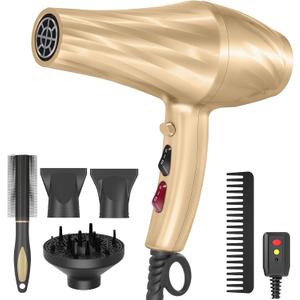 Ionic Hair Dryer,2400W Negative Ion Low Noise Hair Dryer Professional Fast Drying Hair Dryers with 2 Speeds, 3 Heat Settings, Cooling Button,with Diffuser for Curly and Straight HairChampagne Gold