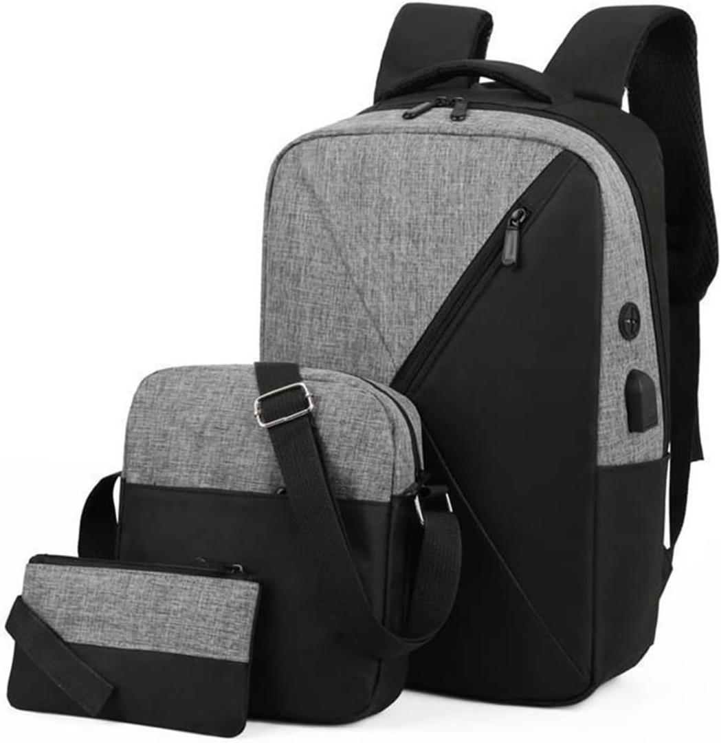 jupkem 3 Pieces Set 15.6 Inch Laptop Backpack Water Resistant Lightweight Travel Backpacks Casual Business Work Daypack (Black and Grey)