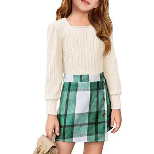 Haloumoning Girls Skirt Sets Fall Outfits Jacquard Long Sleeve Tops Plaid Skirts Shorts 2 Piece Clothing Set, 130cm