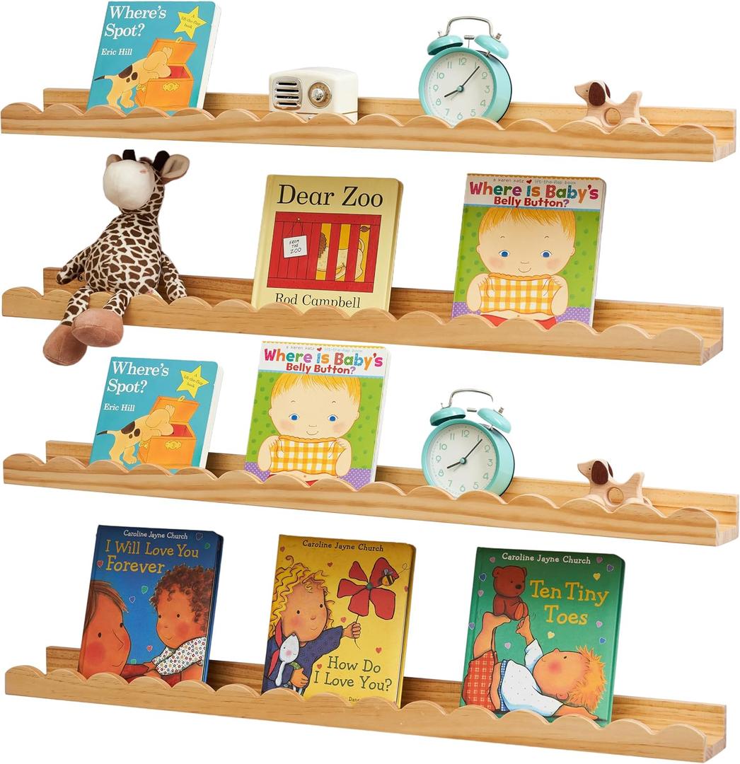 Conamily Scalloped Baby Book Shelf, Floating Shelves for Wall Natural Solid Pine Wood Nursery Bookshelves with Wave Lip for Bedroom Kids, Toddler Room, Baby Room, Nursery Decor(23.6inch, Set of 4)