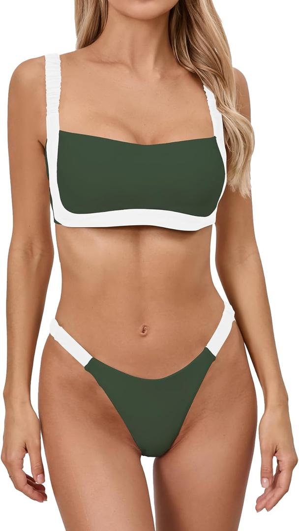 WODECASA Women's Colorblock Bikini Set Square Neck High Cut Cheeky Sexy Two Piece Swimsuit Bathing Suit (Large, 151 Army Green)