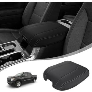 Center Console Armrest Cover for Chevy Chevrolet Silverado 1500/GMC Sierra 2019-2026, Tahoe/Suburban/Yukon 2021-2026, PU Leather Middle Console Lid Protector Cushion Thick Pad Black/Gray(Bucket Seat)