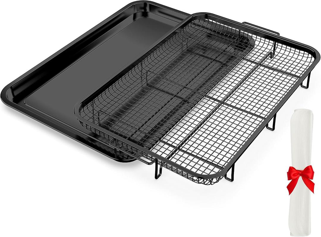 Large Air Fryer Basket for Oven with 30 PCS Parchment Paper, Black, Air Fryer Basket: 18.6" x12"; Pan: 18.5"*12.8"