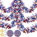 2 Set 66 ft 4th of July Tinsel Garland Decorations with LED String Light Patriotic Red White and Blue Metallic Hanging Garland for Memorial Day Independence Day Party Decor(Star)