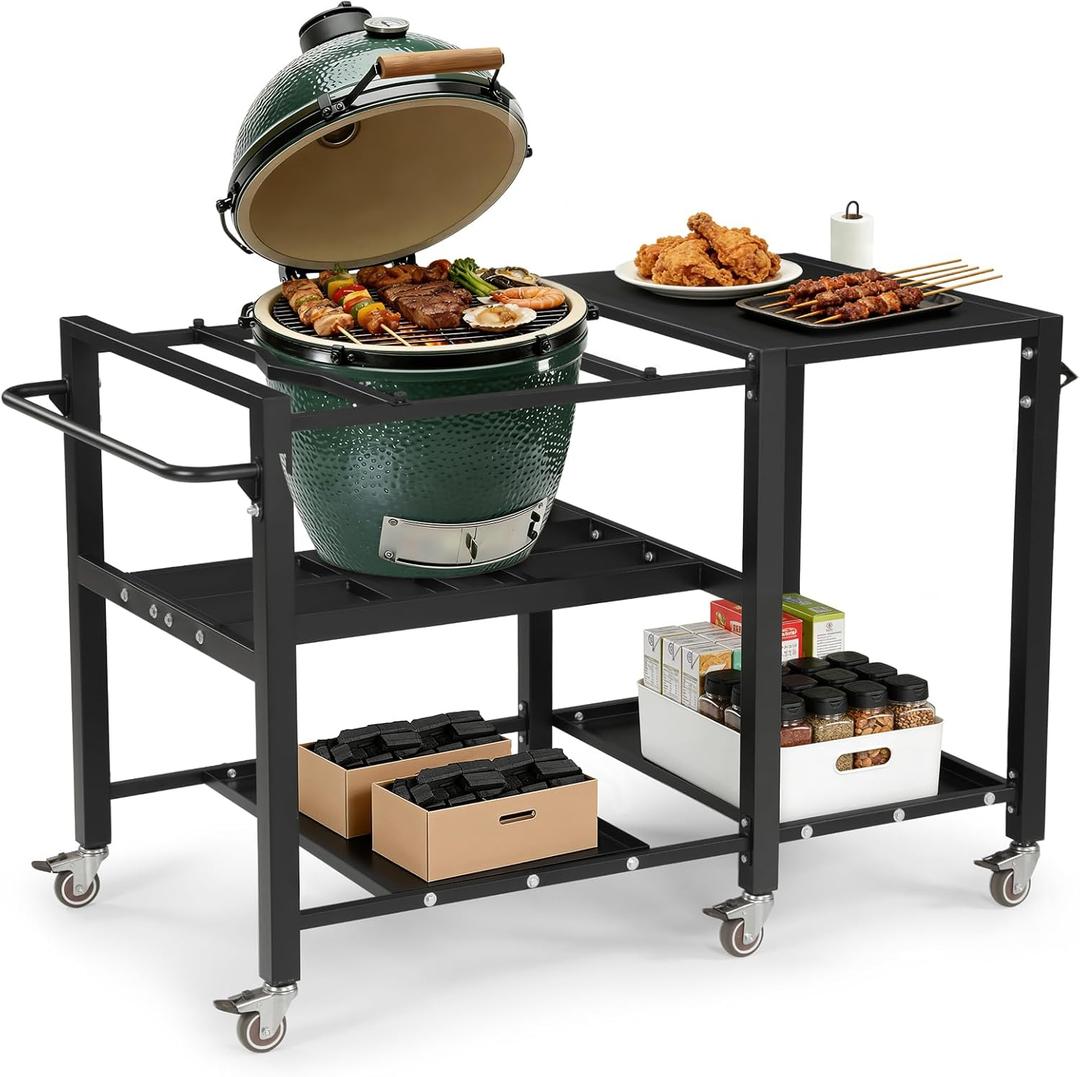 Outdoor Grill Table for Big Green Egg, Suitable for Various Sizes of Green Egg Nest Grill Racks,BBQ Cart with Lockable Wheels, Storage Rack Bottle Opener-Prep Cooking Station for Party, Black.