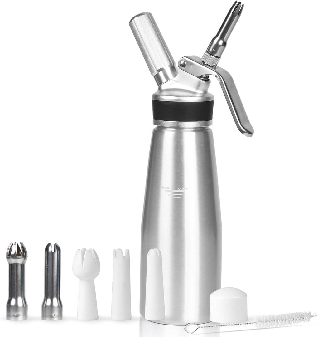 Homemade Whipped Cream Dispenser,500ml/ 1 Pint Cream Whip Canister with 6 Decorating Nozzles and Cleaning Brush,Leak Free Whipped Cream Maker for Desserts, Dips,Use 8g Whipped Cream Charger (Silver)