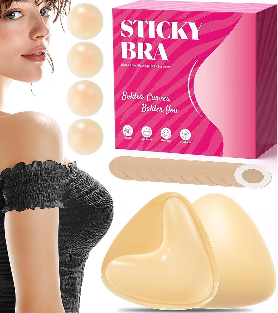 PTENLIDIY Sticky Bra Inserts, Double Sided Sticky Bra Push Up with Nipple Covers, Adhesive Bra Pads for Sport Bra, Beige, Size: M(Fits A-C Cups)