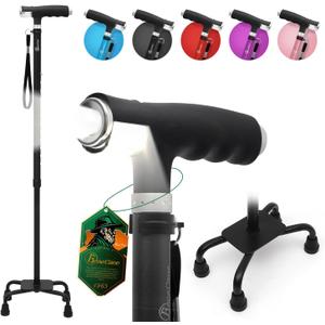 BeneCane Quad Cane Walking Cane with Two Led Lights with Big Base T HandleLightweight Adjustable Walking Stick Four Pronged Sturdy for Men and Women, 28-40inch