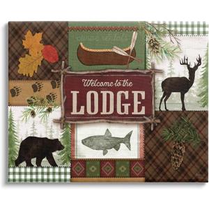 Stupell Industries Welcome Lodge Plaid Wildlife Sign Canvas Wall Art, Design by Mollie B. (48L" x 36W")