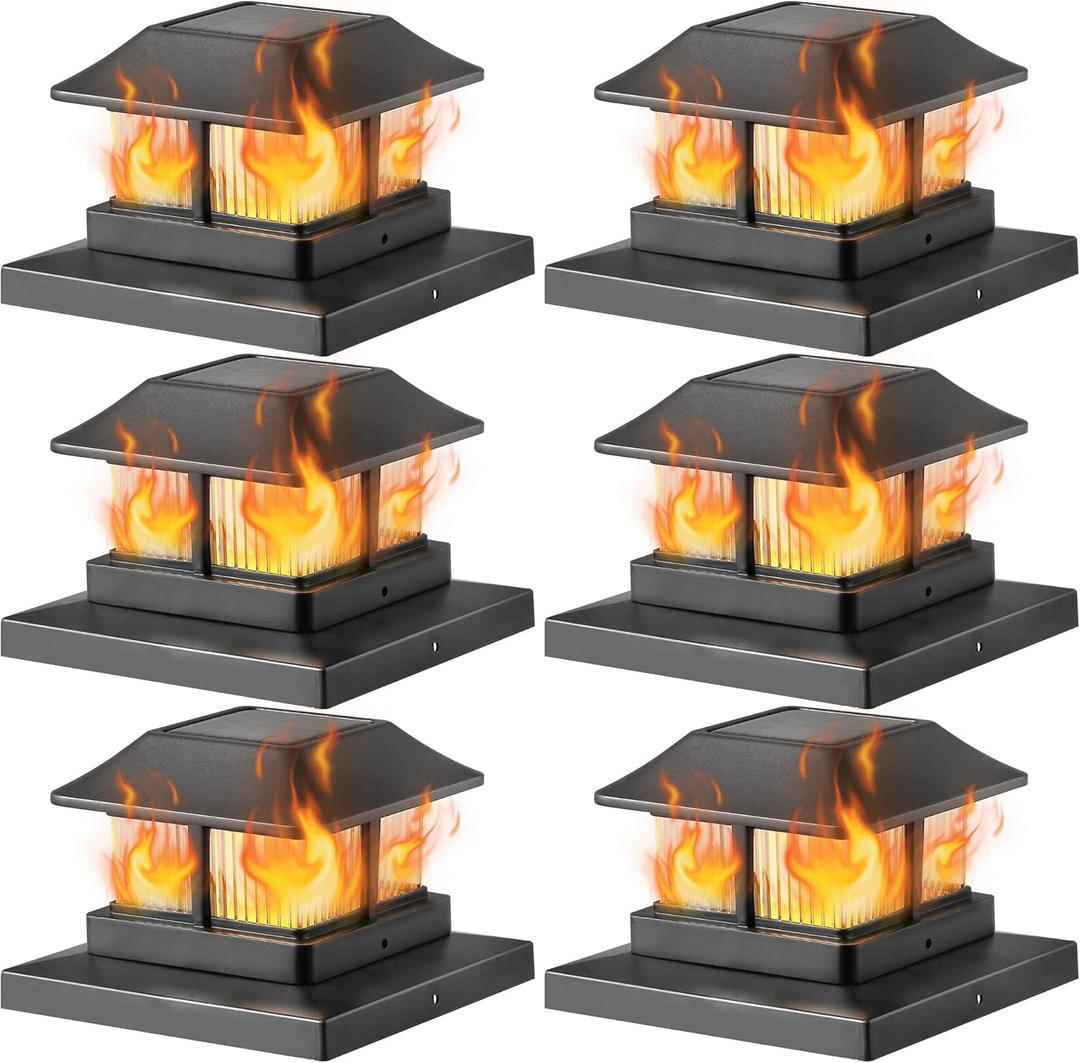 Dynaming Solar Flame Post Cap Lights Outdoor, Solar Powered Fence Post Light, Flickering Flame LED Lantern Lamps Waterproof for Garden Deck Patio, Fit 4x4, 5x5 or 6x6 Vinyl/Wooden Posts, 6 Pack (Black)